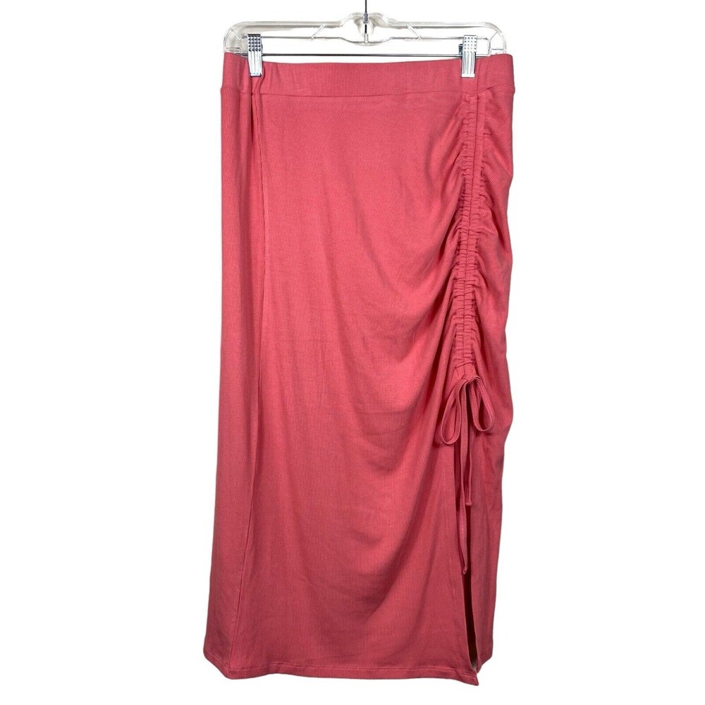 Halara Ribbed‎ Knit Solid Ruched Drawstring Split Bodycon Midi Skirt Sz L Pink